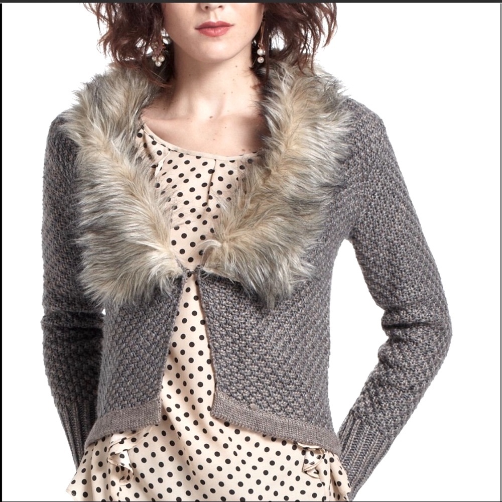 Faux Fur Trim Gray Knit Cardigan Sweater